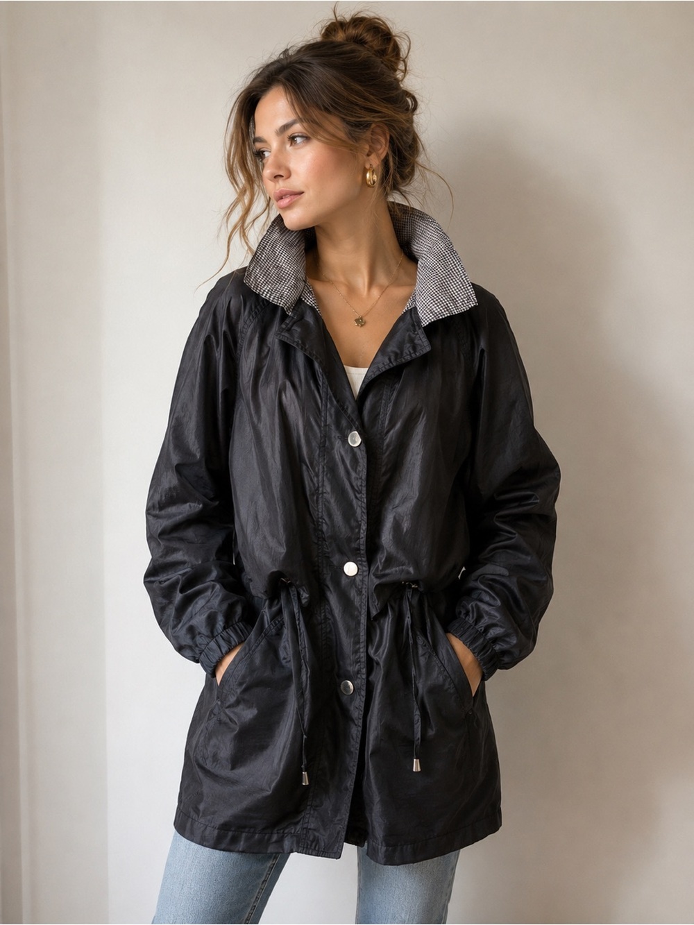 Vintage 90’s Braetan Oversized Jacket Drawstring Waist Windbreaker Black - M